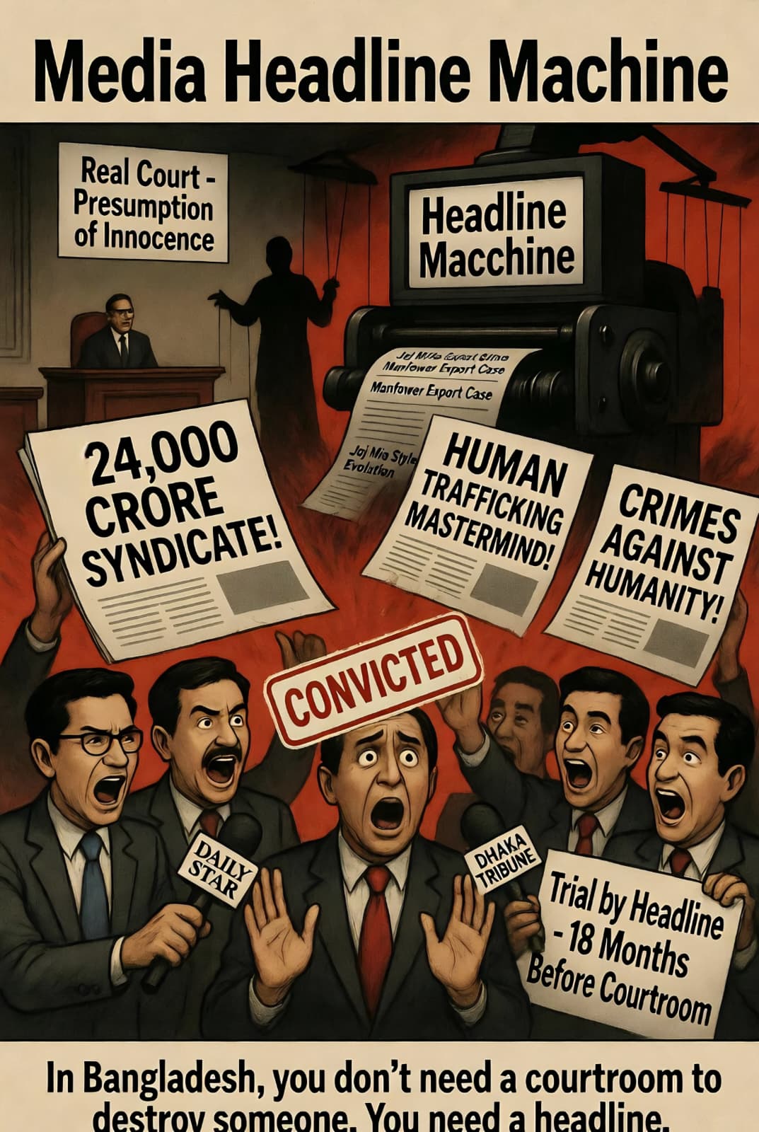 Media Headline Machine — newspapers screaming 24,000 Crore Syndicate, Human Trafficking Mastermind, Crimes Against Humanity while a man is stamped CONVICTED before reaching the courtroom